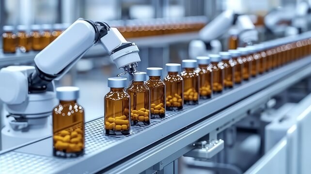 Labelled pharmaceutical material containers organised on pallets in a storage area